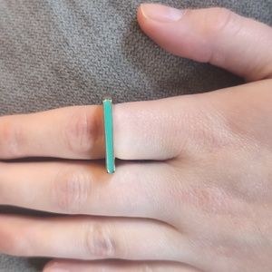 Aqua blue bar ring, light gold band, 7